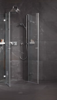 Fortuna shower, corner version in New Loft Style, door open