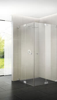 Omega shower with corner access and wall bracket