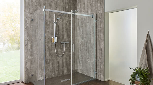 Opalin S shower with System Basic rear panel and open sliding door