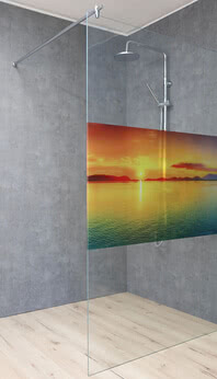 Feststehende Seitenwand ColorStar mit Motiv Sonnenaufgang am See