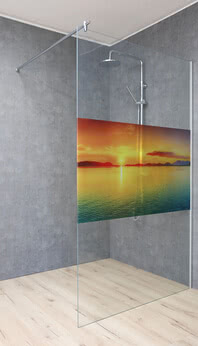 Walk-in Dusche ColorStar mit Motiv Sonnenaufgang am Meer, außen