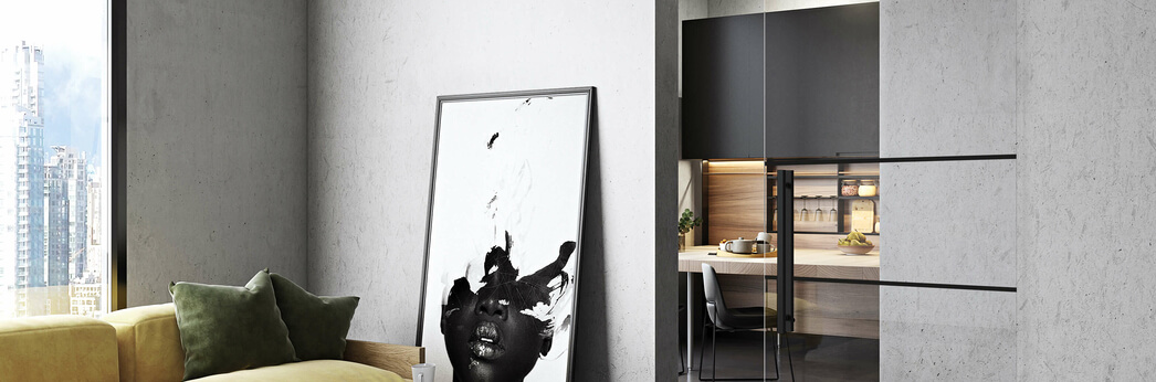Motion 1300 sliding glass door with black fittings and motif Lichtenau