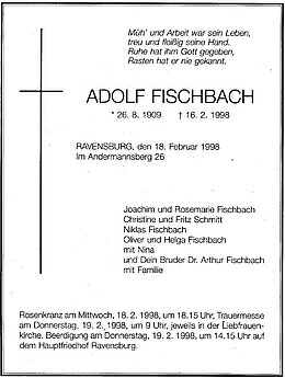 1998 Todesanzeige Adolf Fischbach
